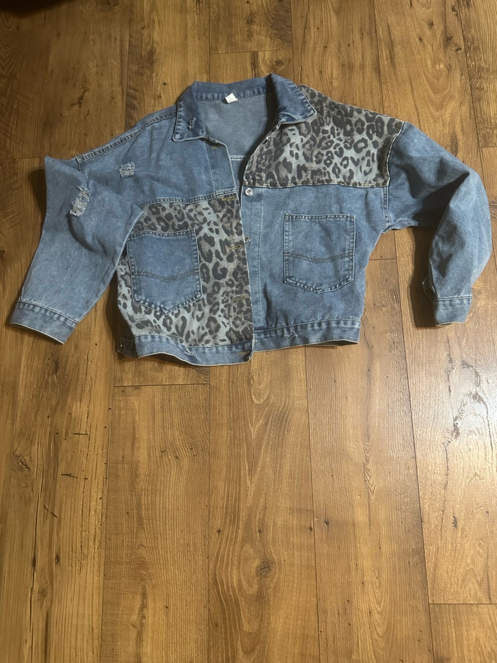 Denim Jacket with Leopard Panel - Blue